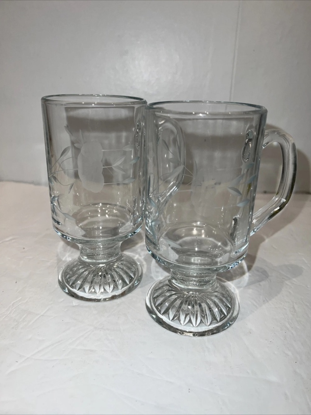 2 Princess House Heritage Footed mugs Etched 8oz Irish Coffee Cafe Cup Mug